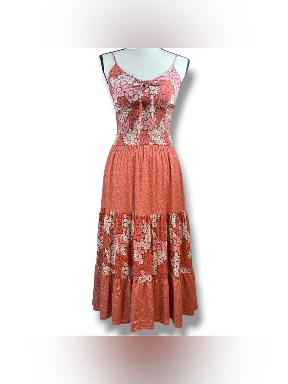 Floral Maxi SunDress Smocked Rust Orange Tiered Dress Cottagecore Peasant, S